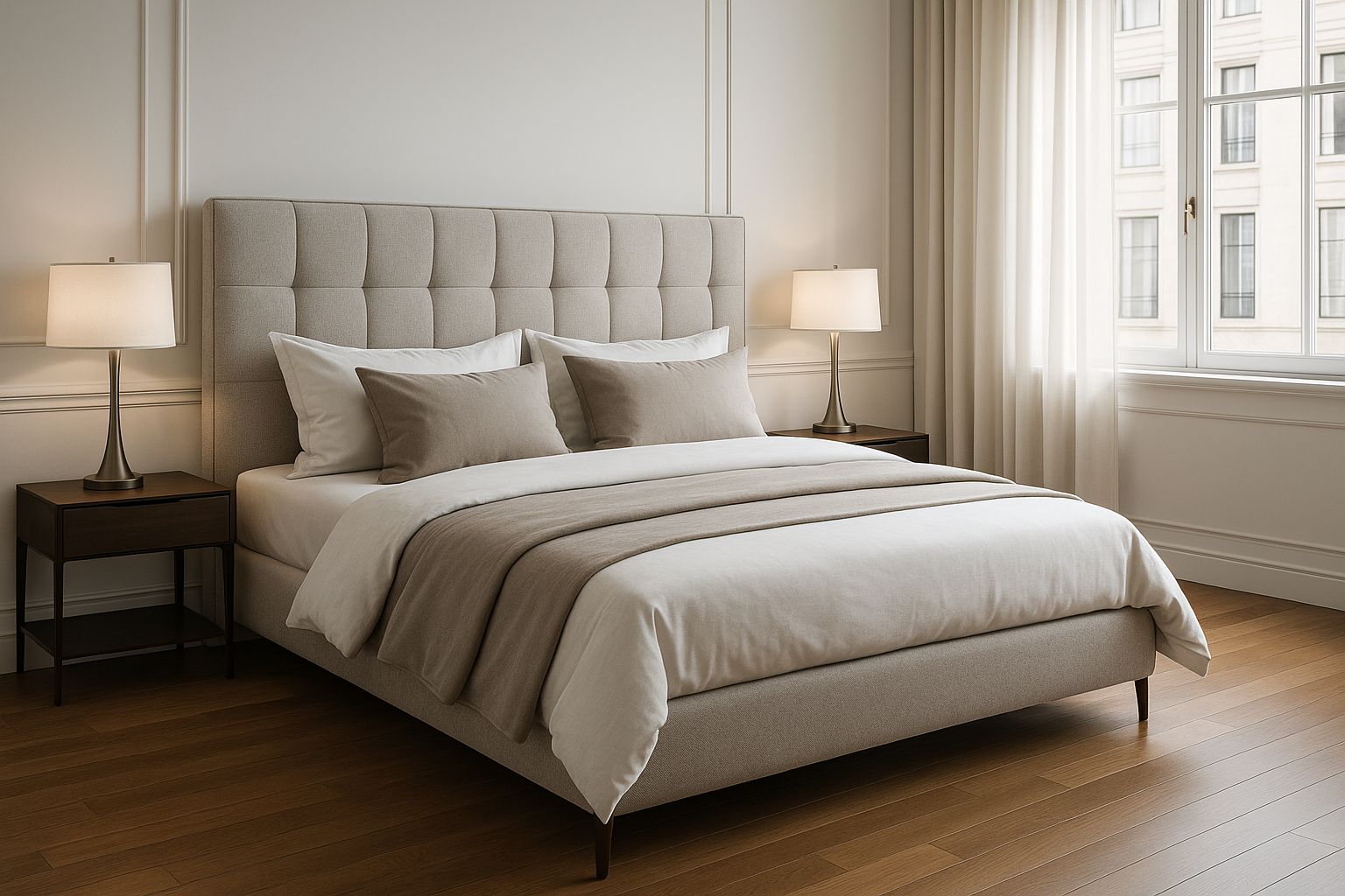 una cama elegante en un piso elegante